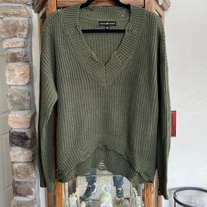 Sweater distressed olive green lower in front and longer in back super cute on
